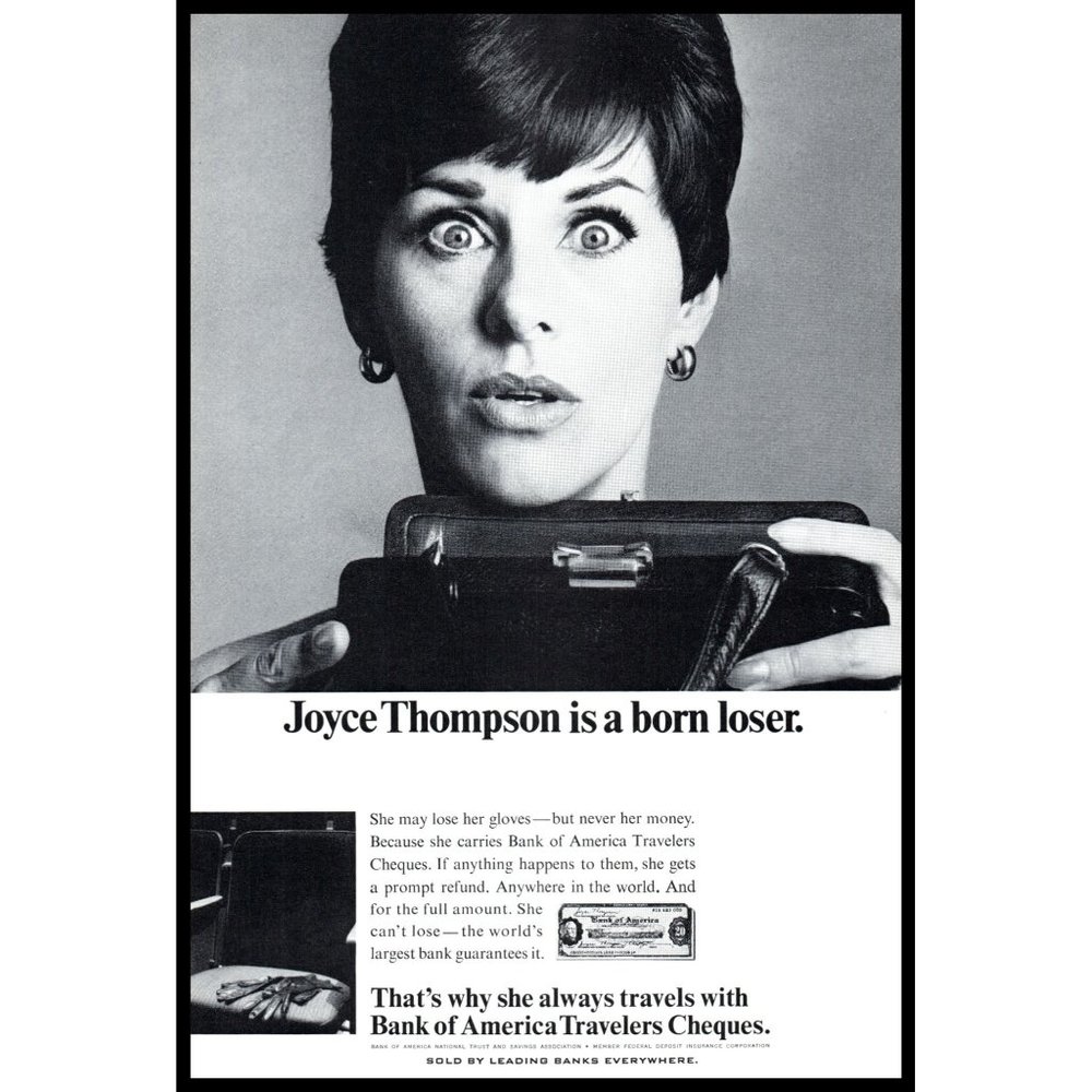 1967 Bank of America Travelers Cheques Vintage Print Ad Vacation Travel Decor